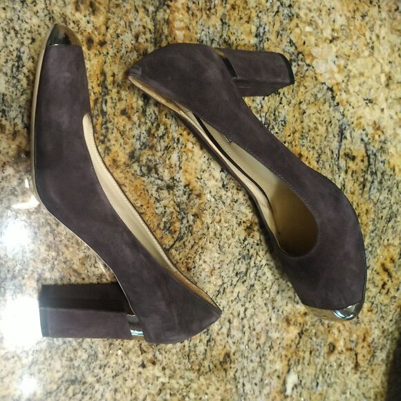 Prada Logo Brown Suede Leather Silver Cap Round Toe Chunky Heel Pumps Sz 7.5 38 - Picture 7 of 12